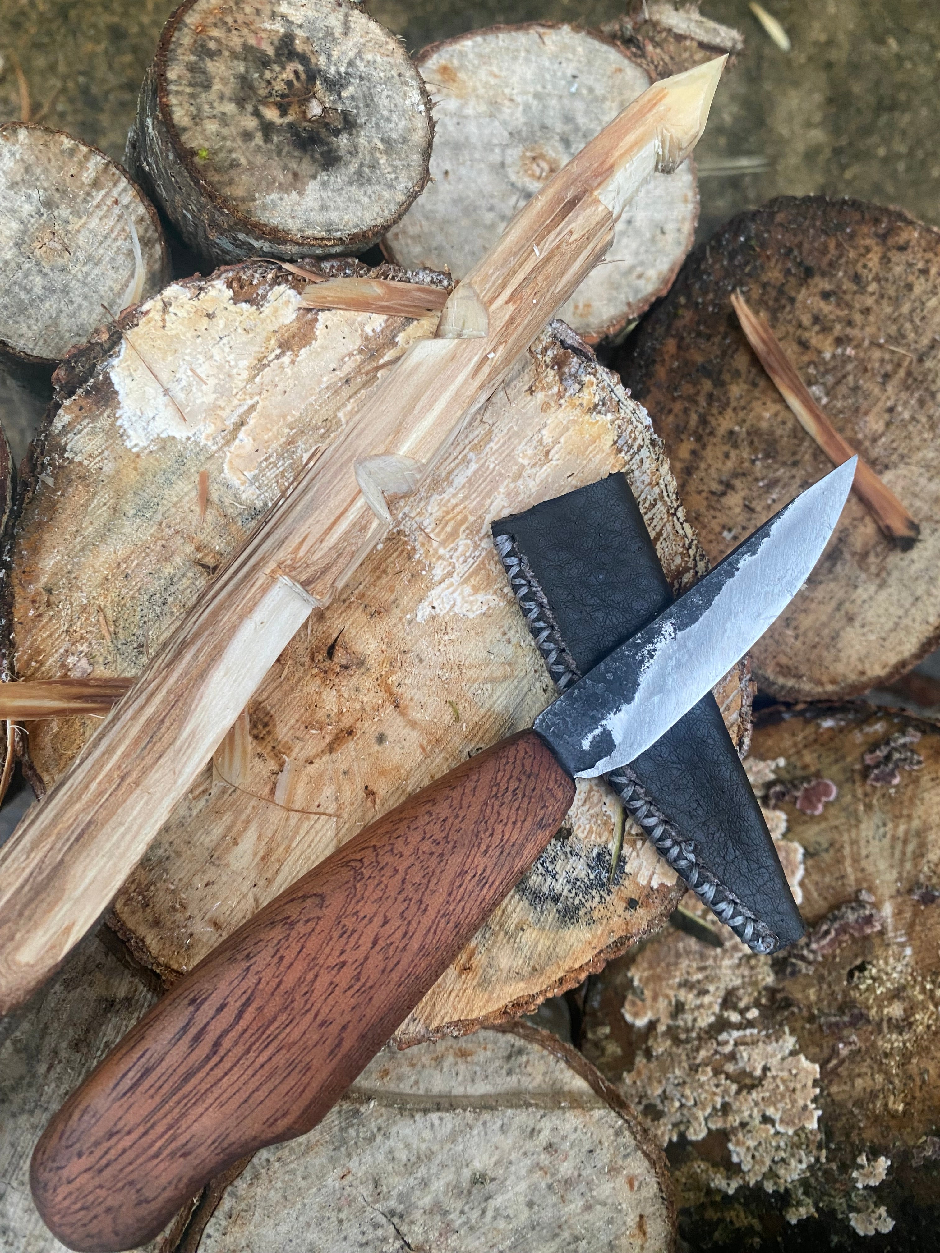 Hand-Forged Whittling Knife Reclaimed Spring Steel With Leather Sheath